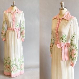 Rare Collectible Pat Sandler 1970s Pink, Green and White Floral Hostess Dress S